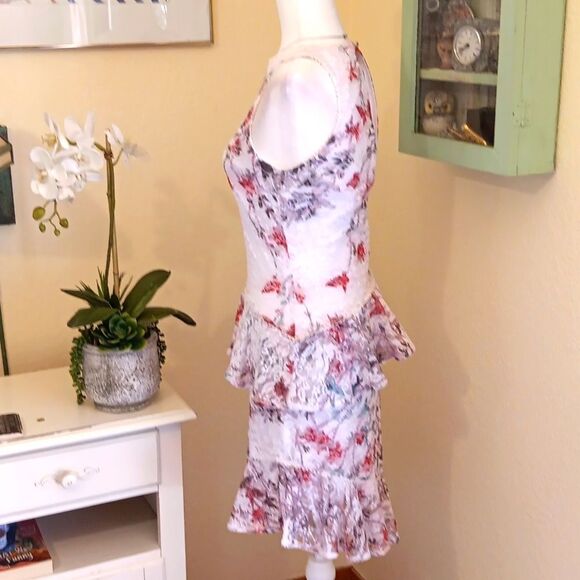 Bebe Lace Dress with Blue and Deep Pink Accents. Asymmeyric. Asian Inspired.Lace - Picture 4 of 11